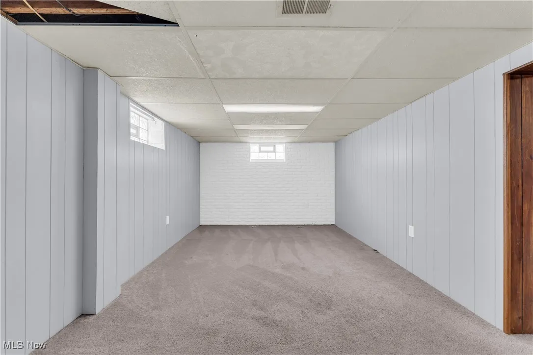Basement with carpet floors, plenty of natural light, and a paneled ceiling