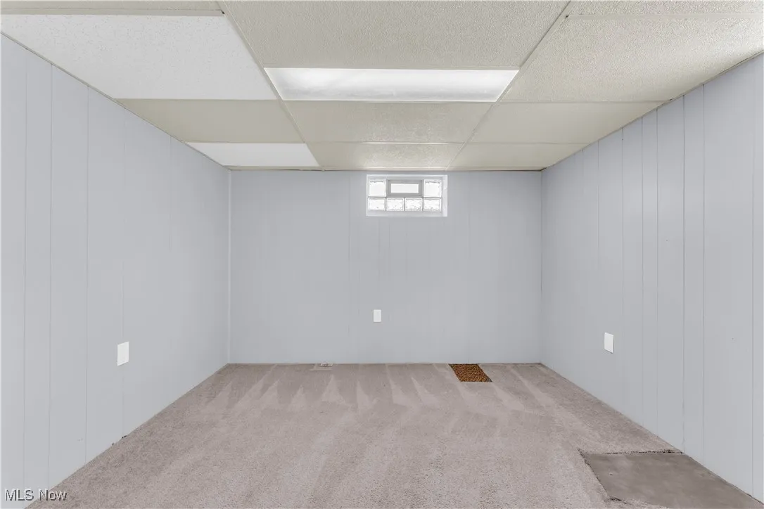 Below grade area featuring carpet floors and a drop ceiling