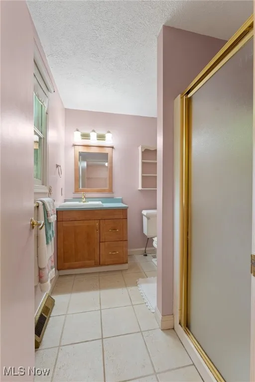 Full bathroom with a stall shower, toilet, vanity, a textured ceiling, and tile patterned flooring