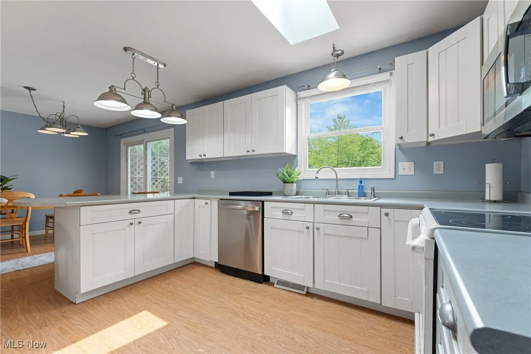 Kitchen with appliances with stainless steel finishes, a sink, a skylight, light wood-type flooring, and a peninsula