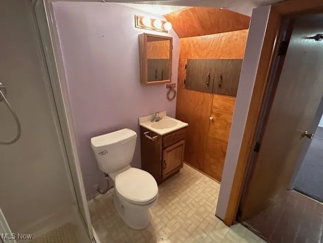 Bathroom with a shower stall, vanity, and toilet basement