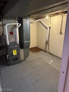 Unfinished basement featuring concrete block wall