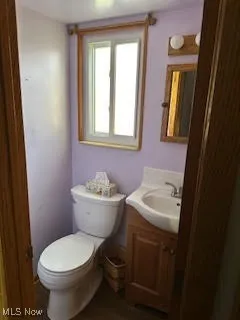 1st floor Half bath featuring vanity and toilet