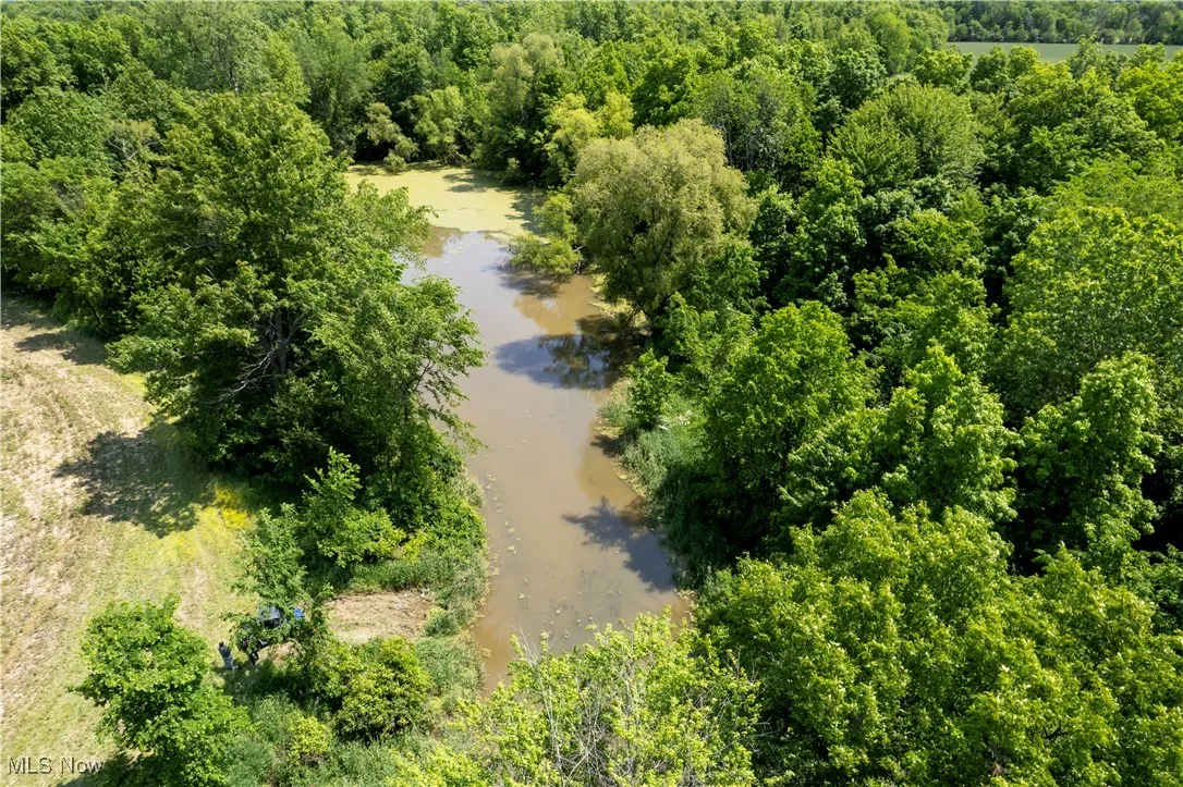 Aerial view of a large body of water and a heavily wooded area