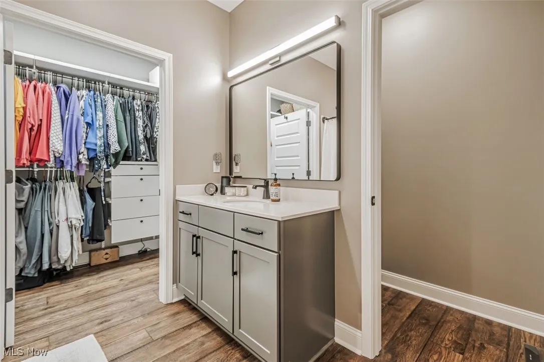 Bathroom featuring vanity, wood finished floors, a spacious closet, and baseboards