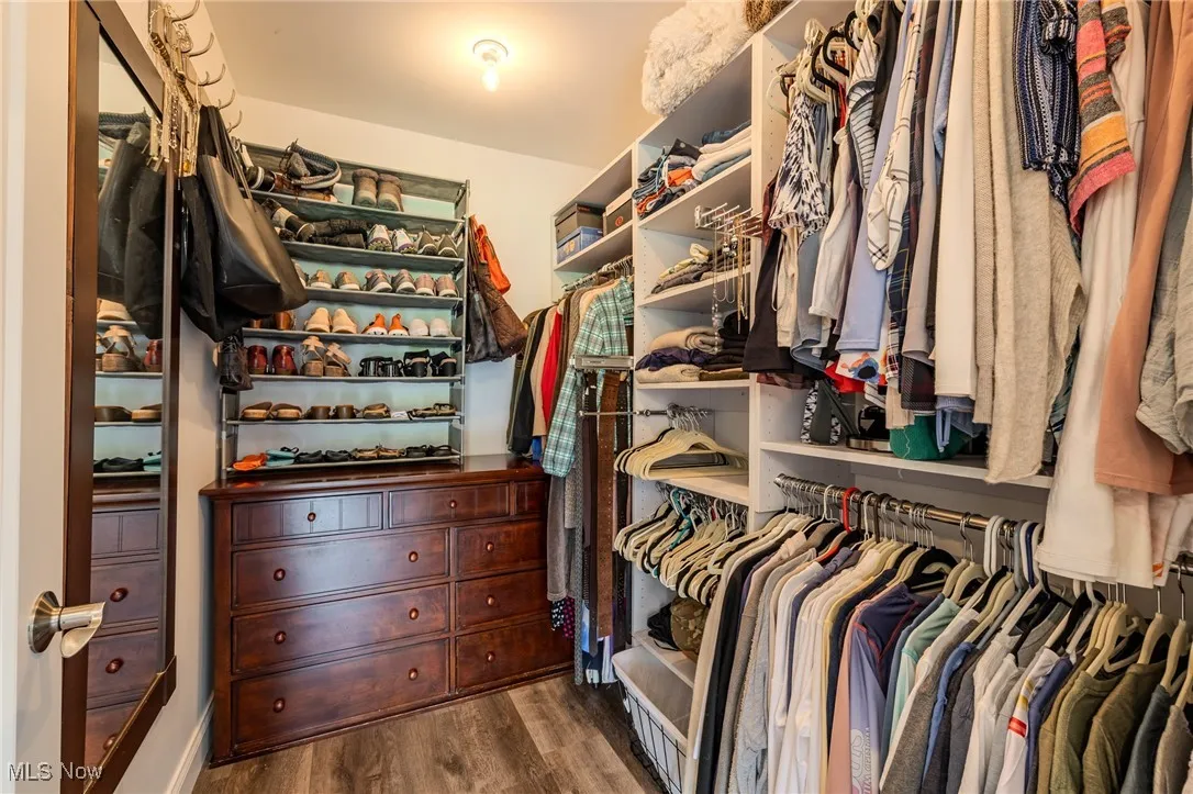 Walk in closet with wood finished floors
