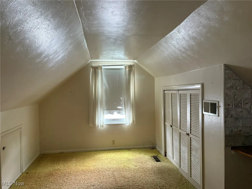 Additional living space with carpet flooring, lofted ceiling, baseboards, and a textured ceiling