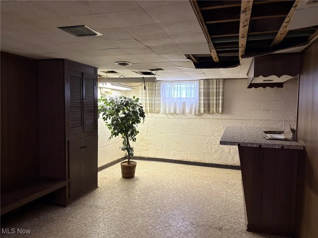 Below grade area featuring concrete block wall