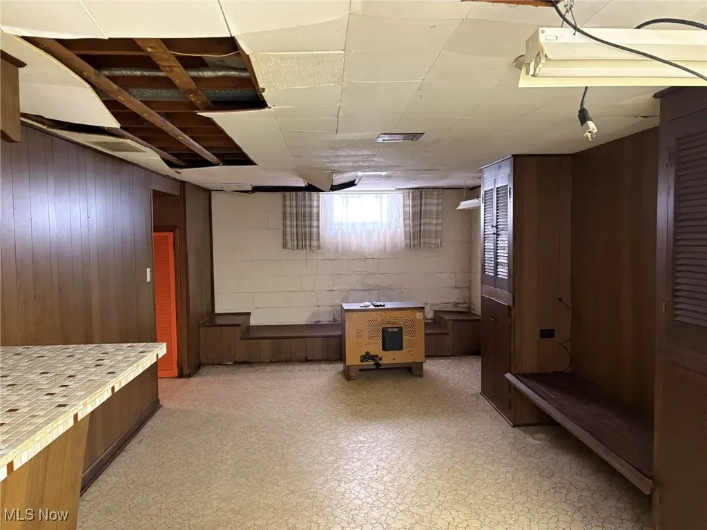 Below grade area featuring light flooring and wood walls