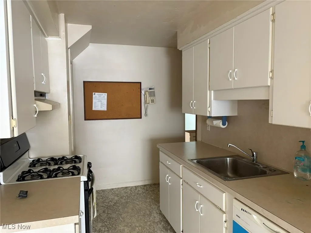 Kitchen featuring a sink, dishwasher, gas range oven, range hood, and baseboards