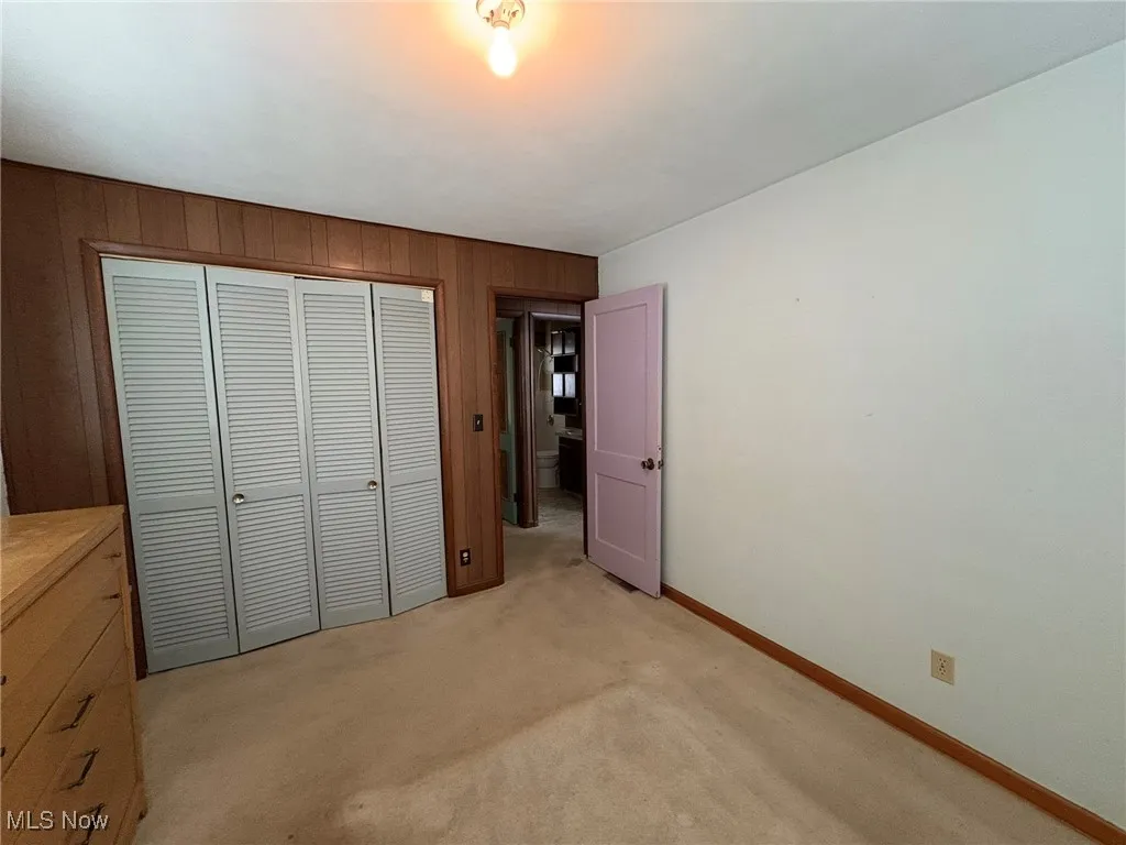 Unfurnished bedroom with wooden walls, a closet, baseboards, and light carpet