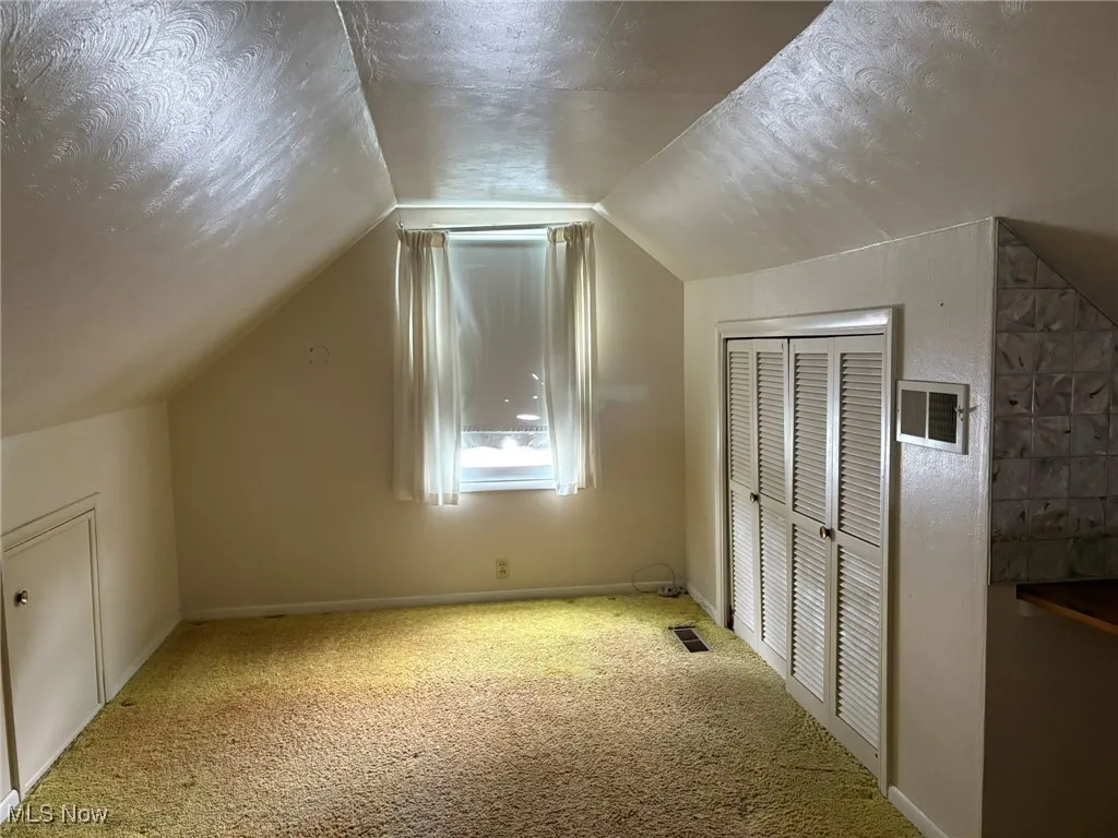 Bonus room featuring carpet floors, vaulted ceiling, baseboards, and a textured ceiling