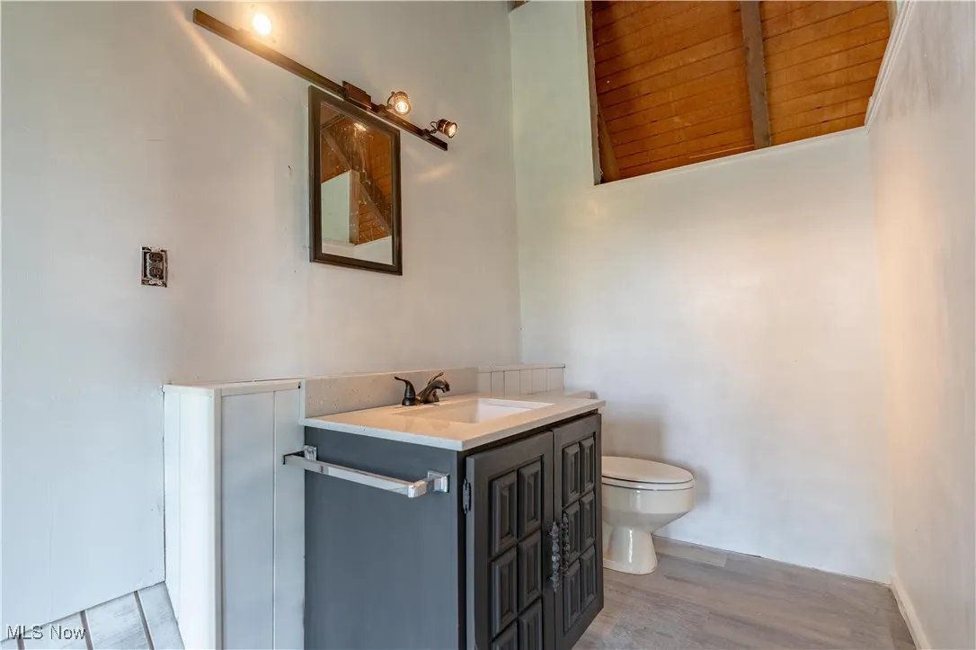 Bathroom with toilet, vanity, and wood finished floors