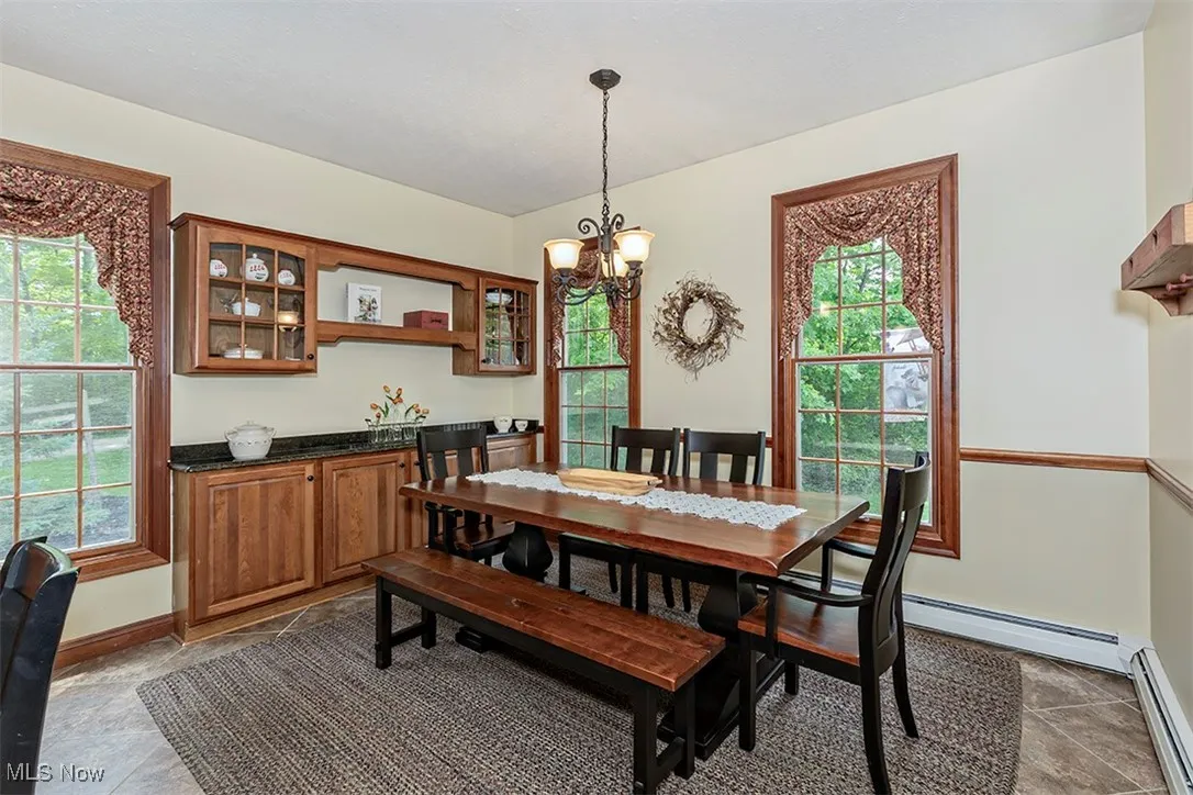 The wall of builtins includes a granite countertop buffet wall cabinet, and upper shelving and display cabinetry for special glassware or cookbook library.