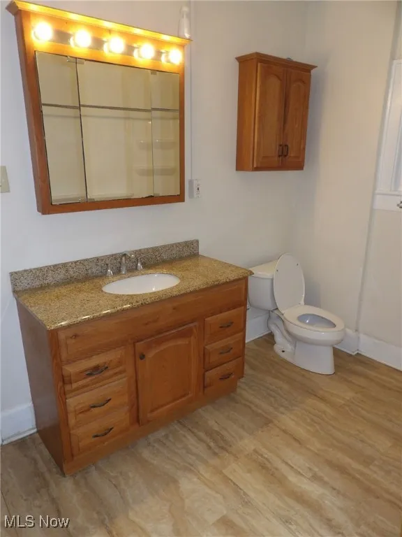 Bathroom featuring vanity, toilet, wood finished floors, and baseboards
