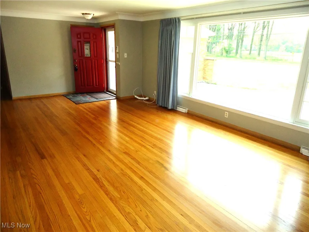 Foyer entrance with plenty of natural light, light wood-type flooring, baseboards, and ornamental molding
