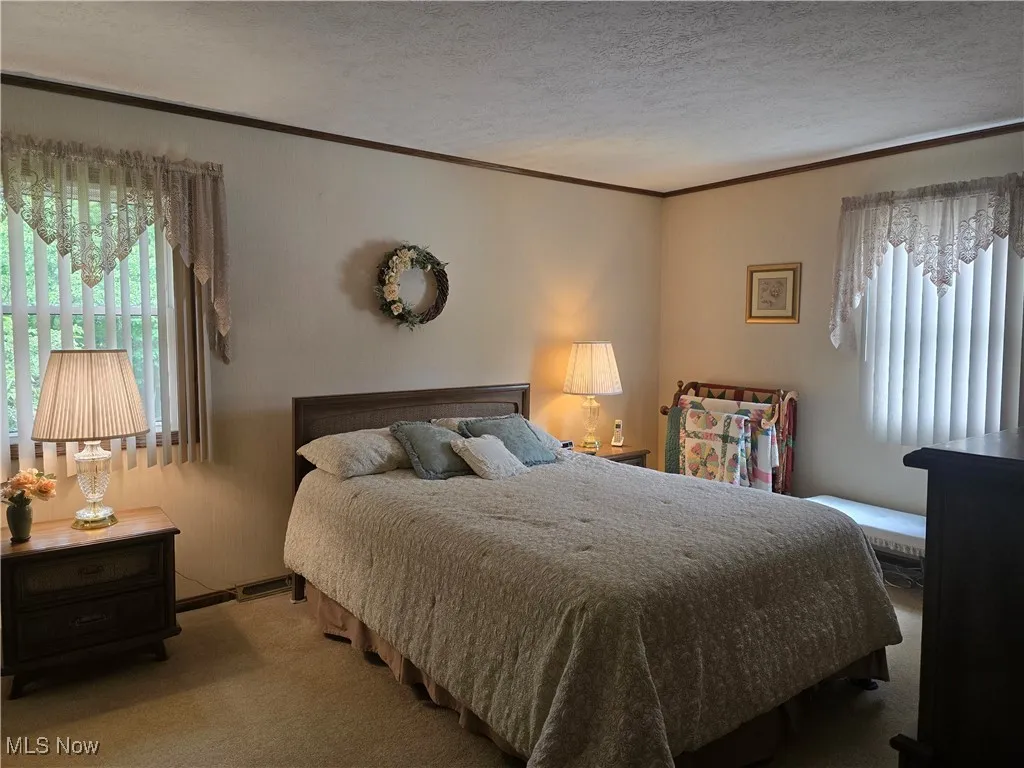 Owners ensuite with crown molding and a textured ceiling