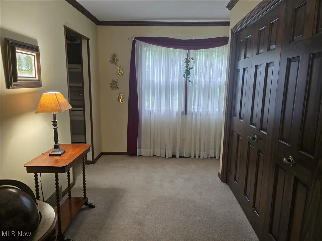 Den/Laundry area featuring light colored carpet, crown molding, and baseboards