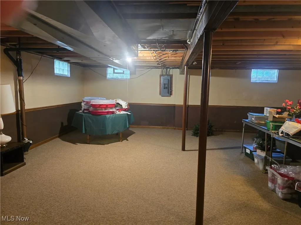 Below grade area with electric panel, carpet floors, and glass block windows.