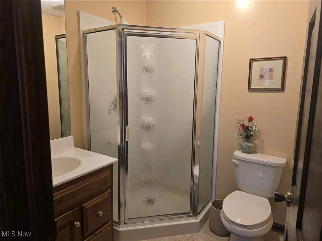 Bathroom featuring toilet, vanity, and a shower stall