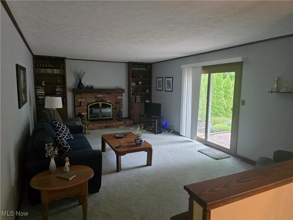 Carpeted familyroom with a textured ceiling, a fireplace, patio door to rear yard and brick patio.