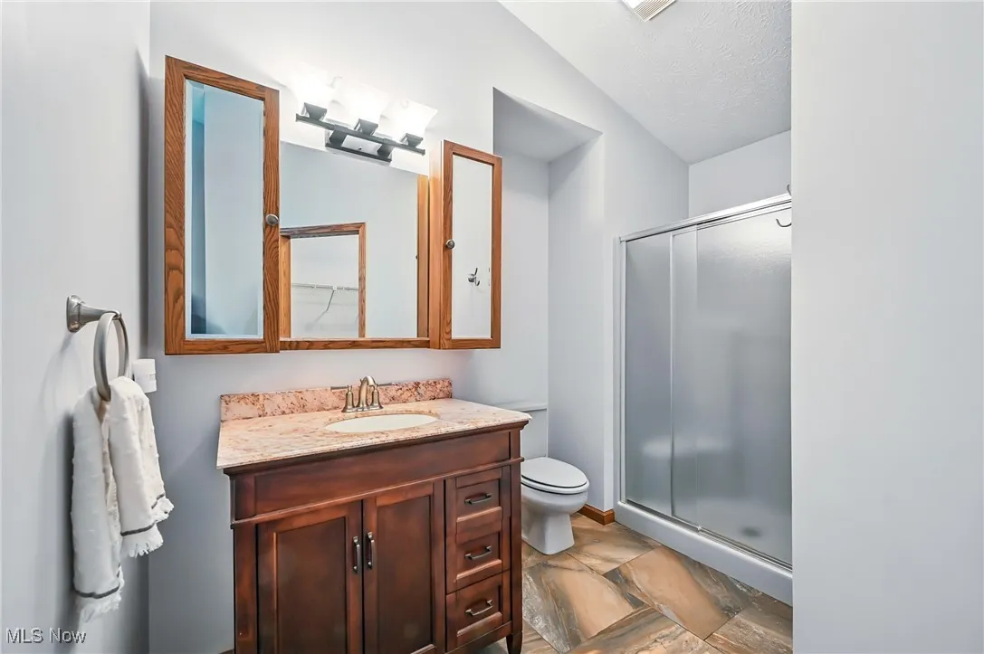 Bathroom with toilet, vanity, a shower stall, and lofted ceiling