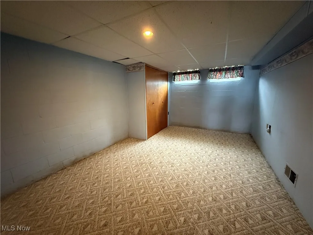 Below grade area with concrete block wall, a drop ceiling, and carpet