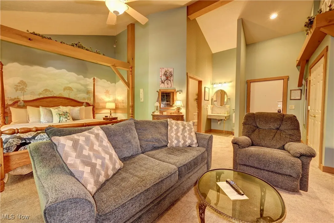 Living area featuring carpet flooring, high vaulted ceiling, and ceiling fan