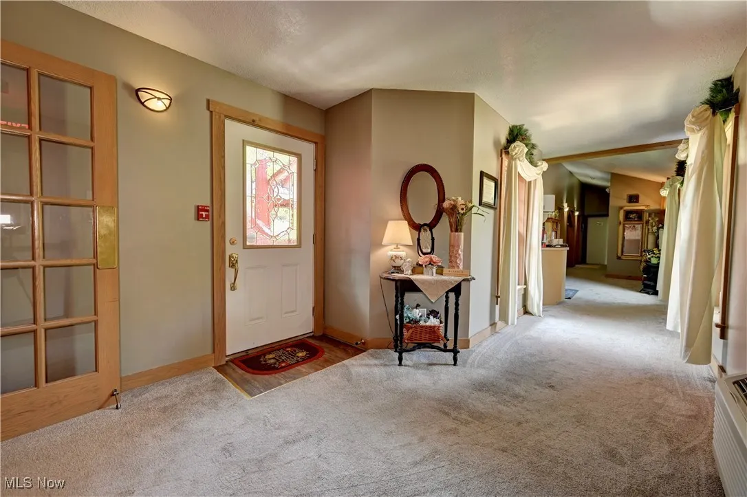Carpeted foyer entrance featuring baseboards