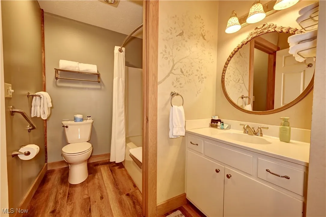 Full bathroom featuring wood finished floors, toilet, vanity, a shower with curtain, and baseboards