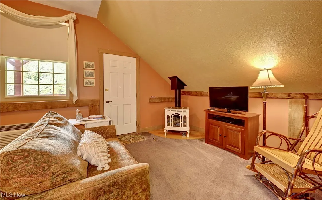 Carpeted living room with a wood stove and lofted ceiling