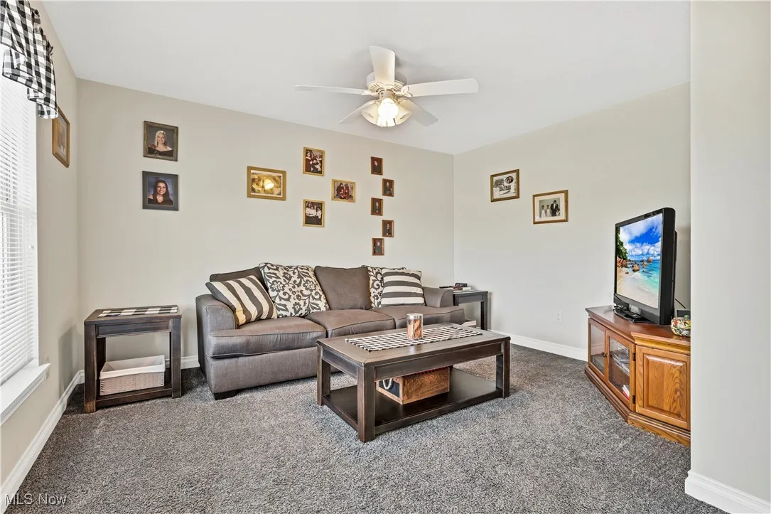 Living area with a ceiling fan, carpet, and baseboards