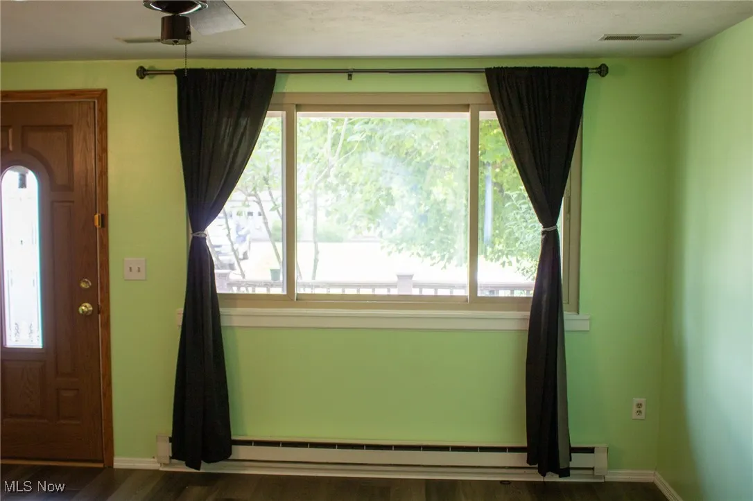 Entryway with plenty of natural light, dark wood-style flooring, and a ceiling fan