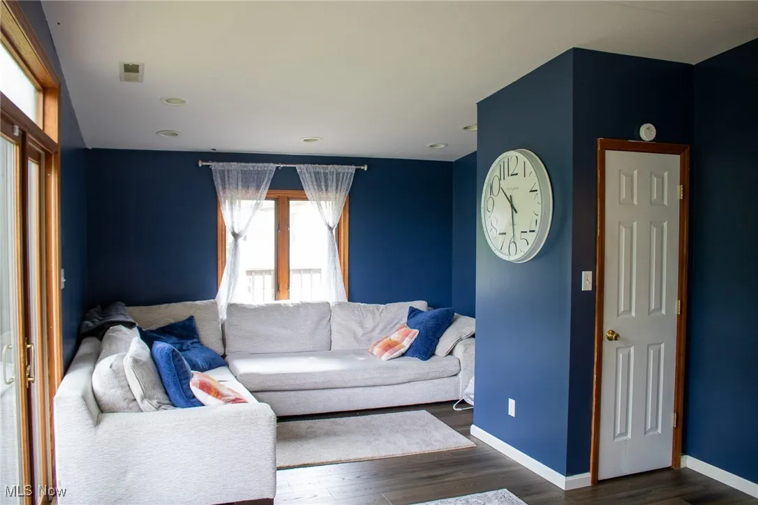 Living area with dark wood-type flooring, baseboards, and recessed lighting