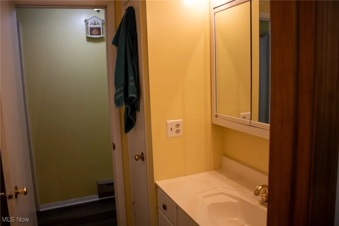 Bathroom featuring vanity and wood finished floors