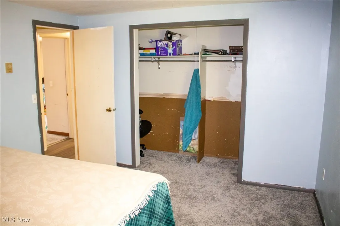 Carpeted bedroom featuring a closet