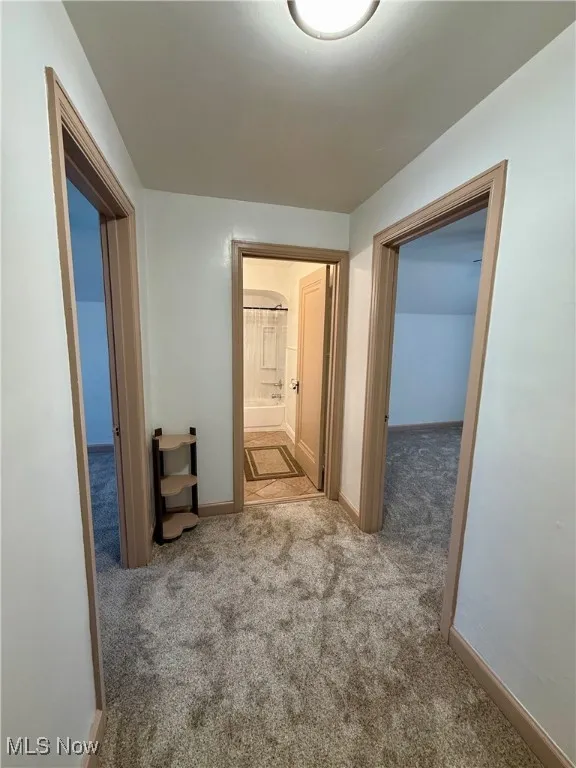 Corridor featuring carpet floors