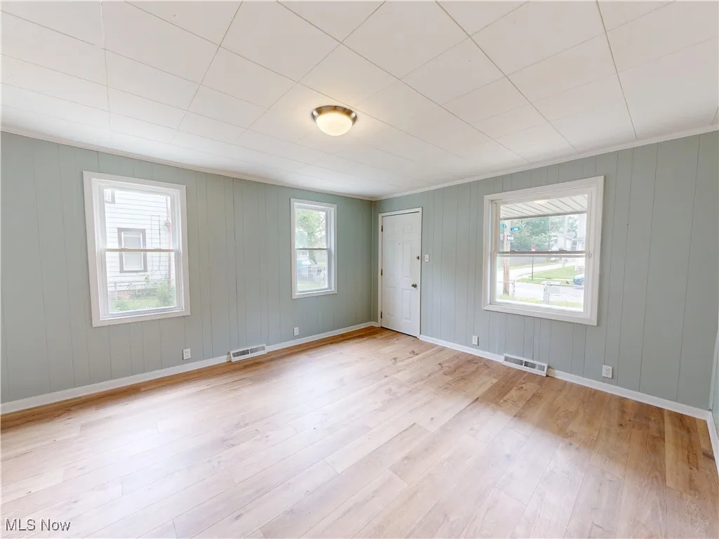 Spare room featuring plenty of natural light, light wood-type flooring, and baseboards