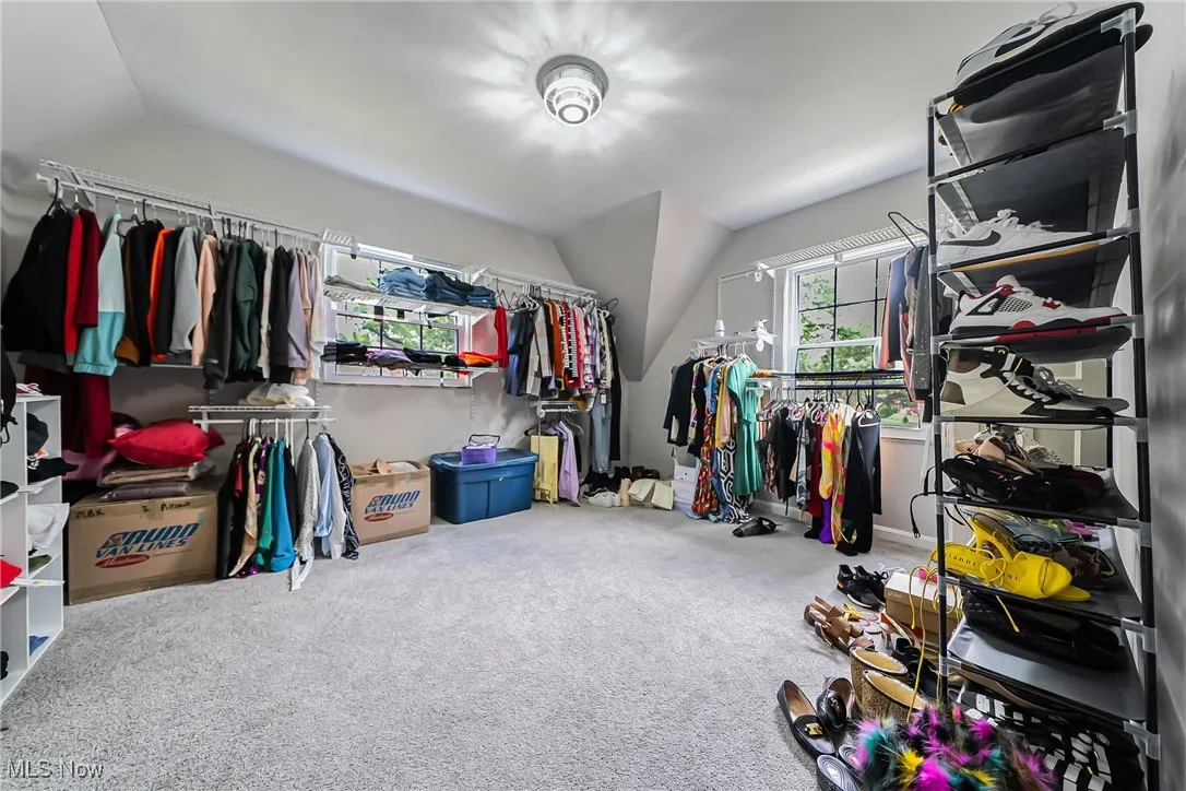 Walk in closet featuring lofted ceiling and carpet flooring