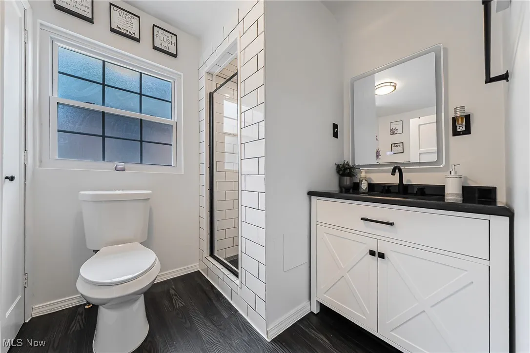 Bathroom featuring a shower stall, wood finished floors, and vanity