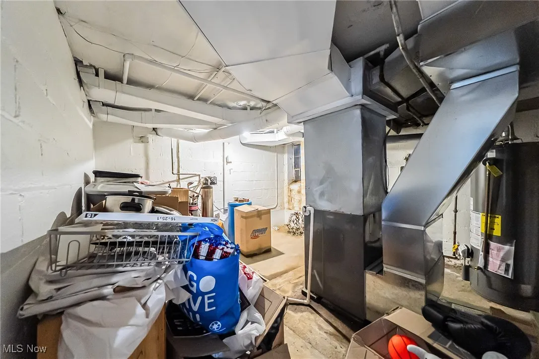 Unfinished below grade area featuring gas water heater and concrete block wall