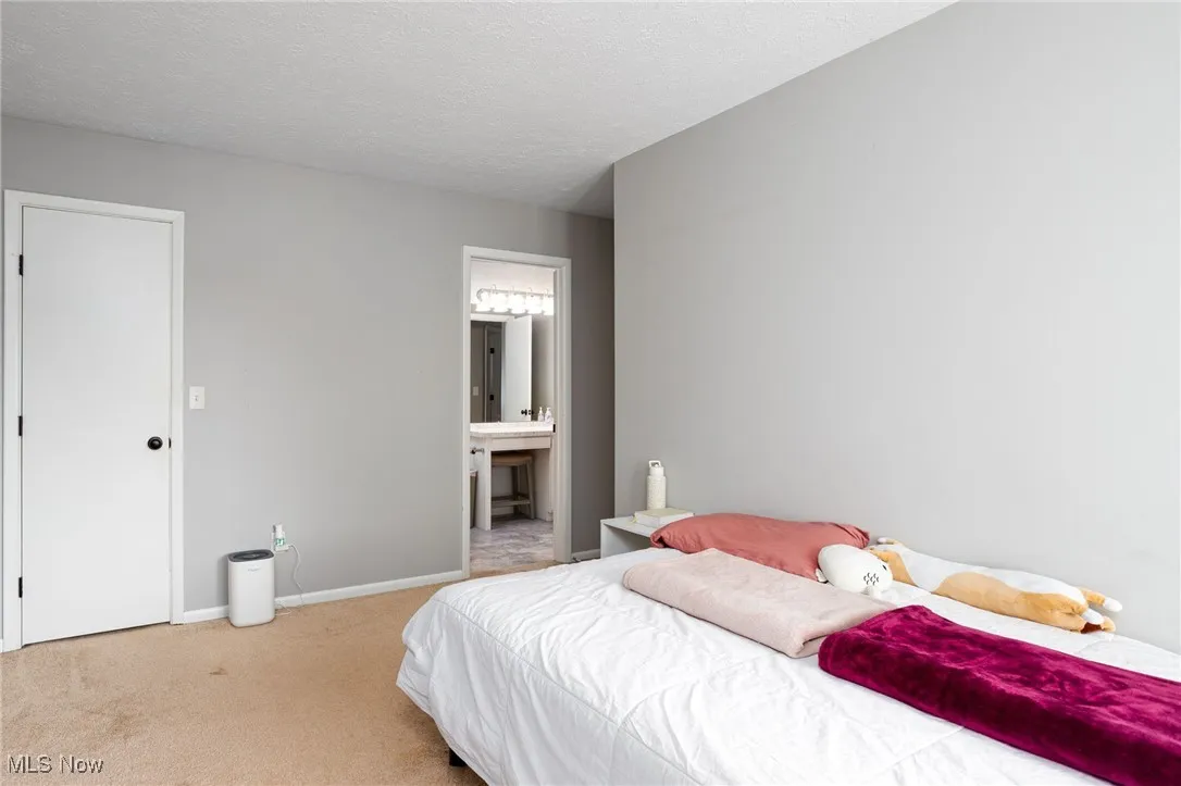 Bedroom featuring carpet flooring, ensuite bath, and baseboards