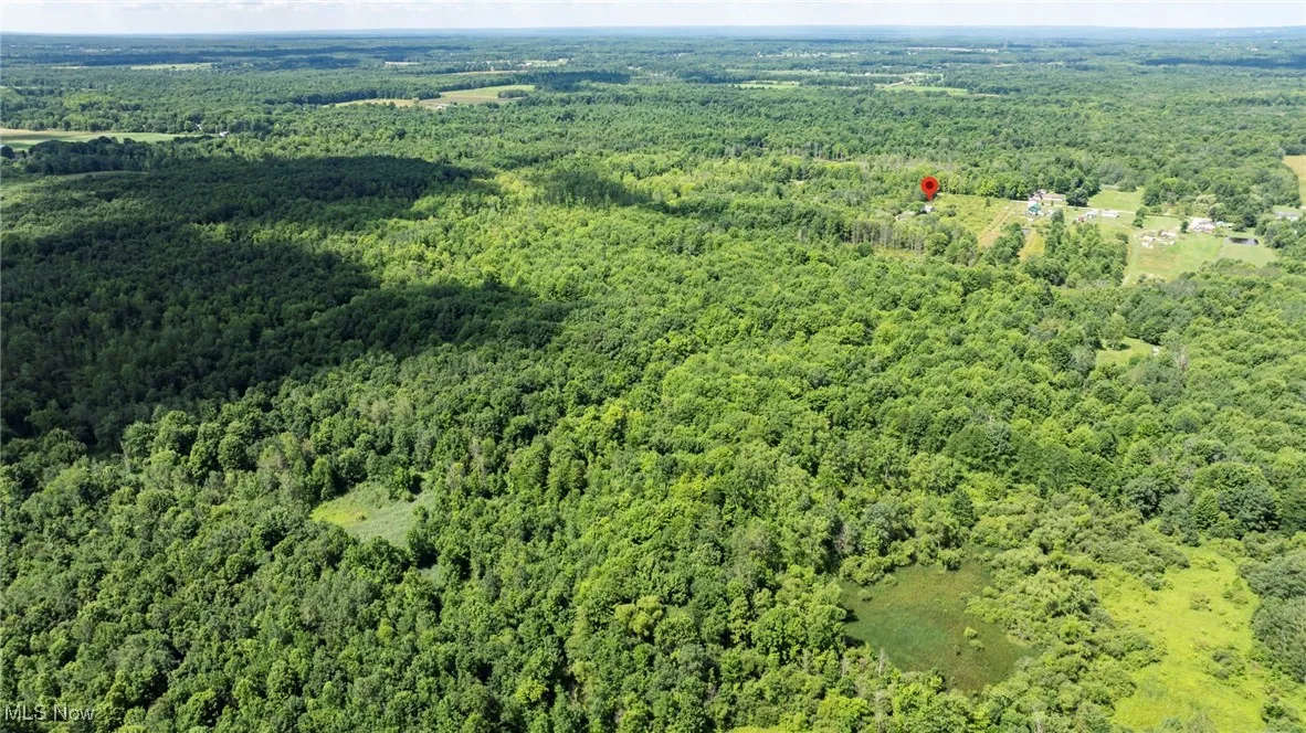 Aerial view of property's location with a heavily wooded area