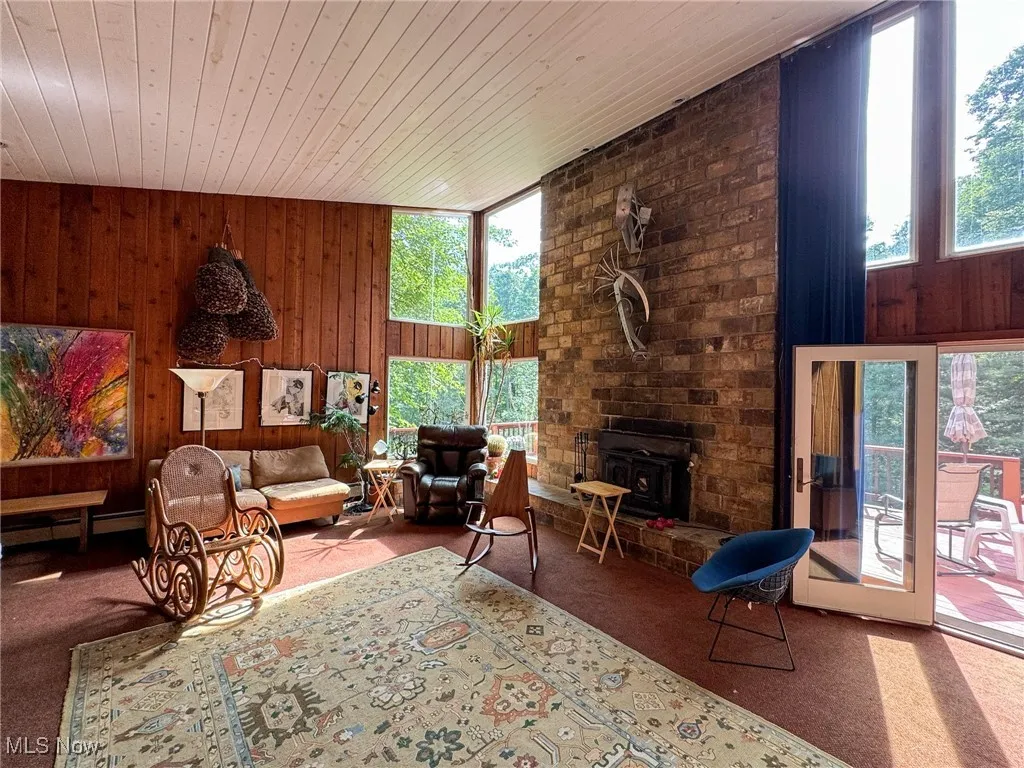 Living area featuring carpet, wood walls, and wood ceiling