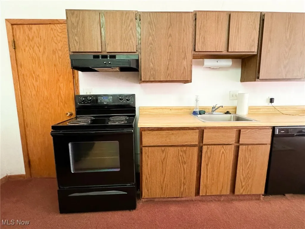Kitchen featuring under cabinet range hood, black appliances, a sink, light colored carpet, and light countertops