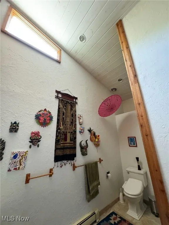 Bathroom with toilet and wooden ceiling