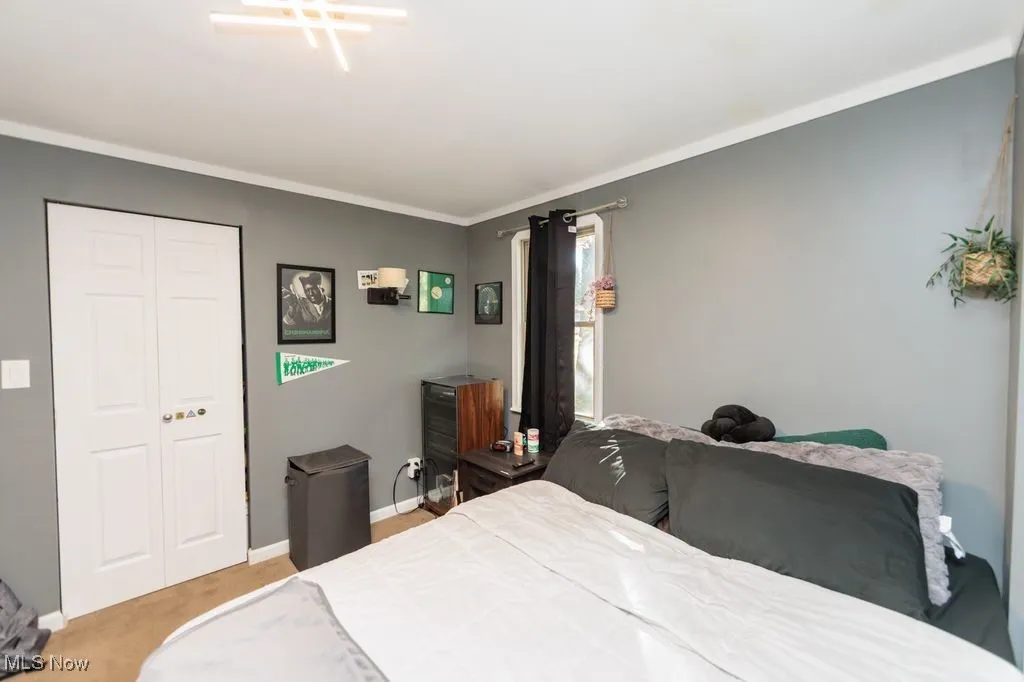 Bedroom featuring light carpet, a closet, and crown molding