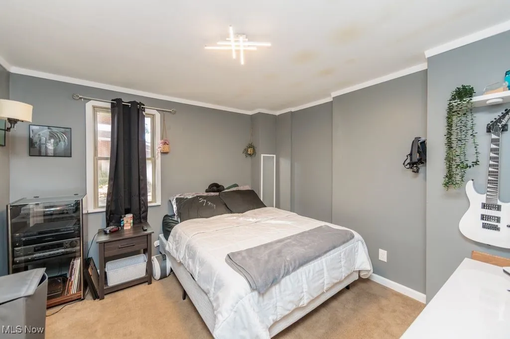 Bedroom with light colored carpet and ornamental molding