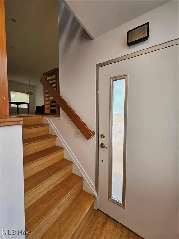 Staircase featuring wood finished floors and plenty of natural light