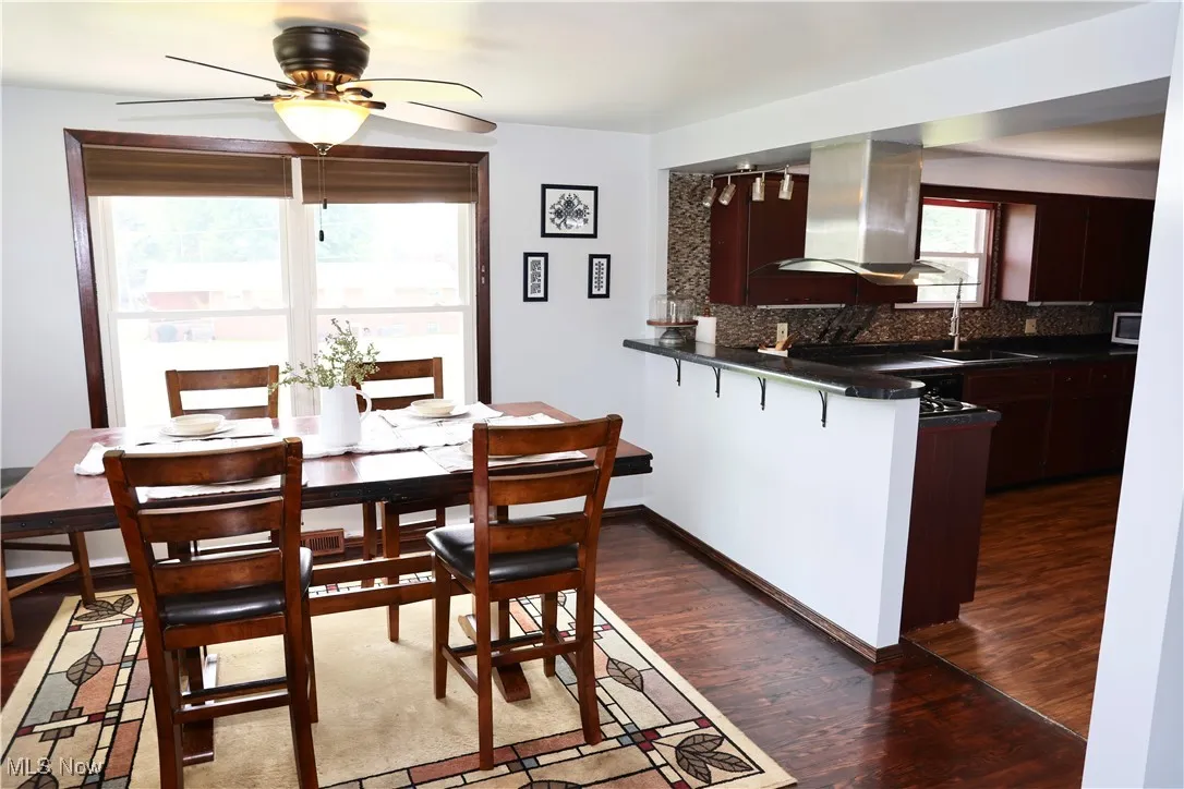 Kitchen with extractor fan, dark countertops, a sink, tasteful backsplash, and dark wood-type flooring
